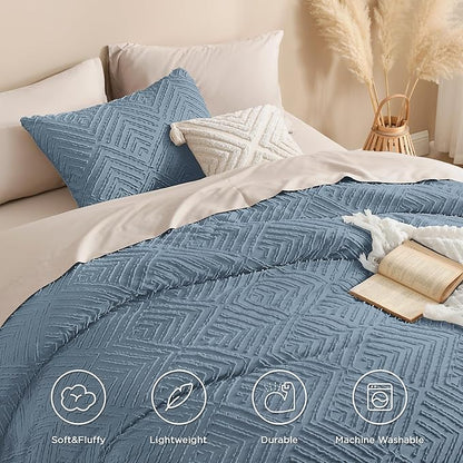 Andency Grayish Blue California King Comforter Set, 3 Pieces Grayish Blue Boho Bedding Set & Collections, Farmhouse Tufted Fluffy Bed Set for California King Bed (1 Comforter 104x96In, 2 Pillowcases)