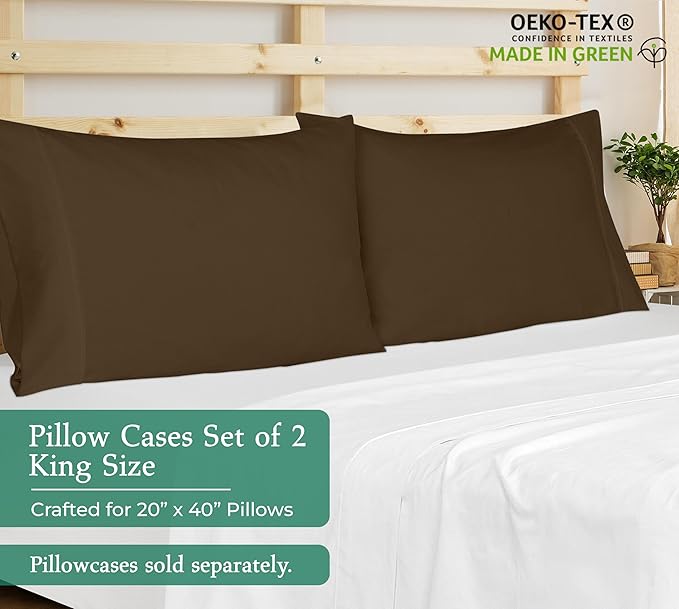Royale Linens King Pillowcase Set of 2 - Bed Pillow Cover - 20" x 40" - Chocolate Pillowcases - 1800 Brushed Microfiber, Wrinkle & Fade Resistant - Soft & Cozy- King Size Pillow Case (Chocolate)