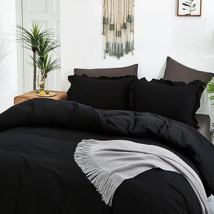 CLOTHKNOW Black Full Size Comforter Sets 3Pcs Ruffle Bedding Comforter Sets Soft Farmhouse Shabby Chic Comforters with 2 x Pillow Cases