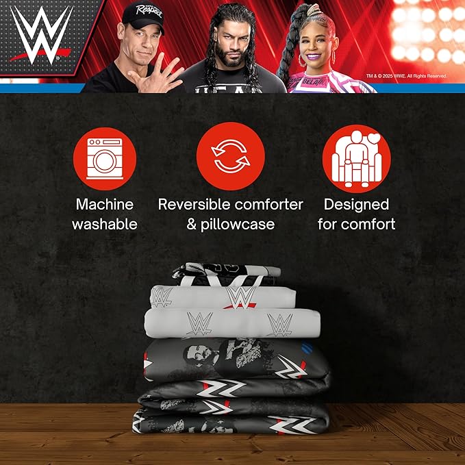 WWE Wrestling Bedding Set, Full Size 7 Piece Set Super Soft Cozy Reversible Comforter and Sheet Set with Sham, (100% Officially Licensed Product) by Franco