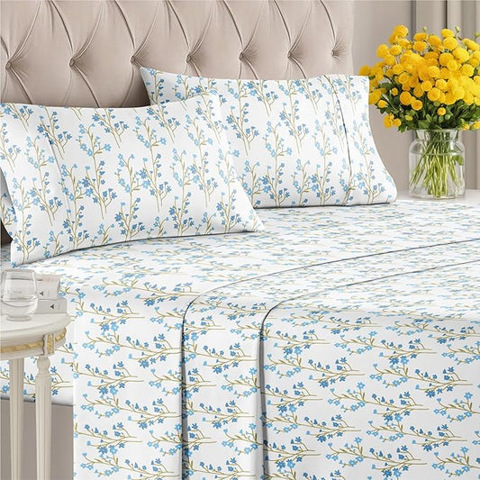 Floral Sheets - Blue Floral Bed Sheet Set - 1 Flat, 1 Fitted & 2 Pillowcases w/ Deep Pockets - Comfy, Wrinkle & Fade Free - Boho Botanical Bedding - Ultra-Soft, Breathable & Cooling - Queen Size Set
