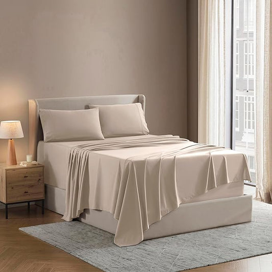 Nestl Short Queen Sheet Set - 1800 Ultra-Soft Microfiber - Double Brushed - Deep Pockets - Easy Fit - 4 Piece Set - Bed Sheets (Short Queen, Beige Cream)