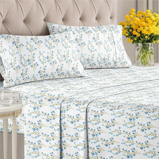 Floral Sheets - Blue Floral Bed Sheet Set - 1 Flat, 1 Fitted & 2 Pillowcases w/ Deep Pockets - Comfy, Wrinkle & Fade Free - Boho Botanical Bedding - Ultra-Soft, Breathable & Cooling - King Size Set