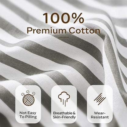 JELLYMONI Duvet Cover, 100% Natural Cotton, Printed Comforter Cover with Zipper Closure and Corner Ties (King XL 108×98 Inch, White Duvet Cover Set with Grey Stripes Pattern)
