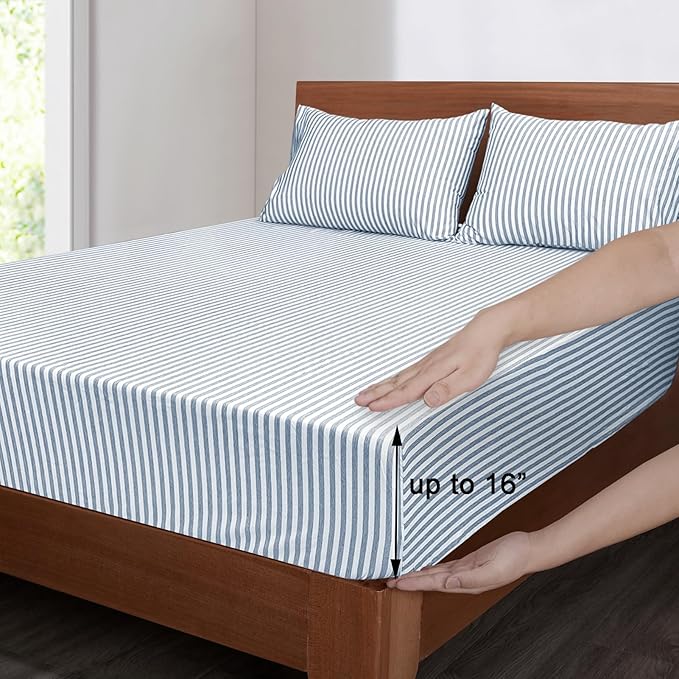 Mejoroom Striped Queen Size Sheet Set - Hotel Luxury 1800 Bedding Sheets & Pillowcases - Deep Pocket Fitted Sheet, Soft, Breathable, Wrinkle & Fade Resistant - 4 Piece (Blue Stripe)