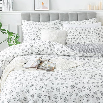 FADFAY Floral Duvet Cover Set King/Cal King Size 100% Cotton Grey White Flower Comforter Cover Soft Breathable Girls Bed Cover Farmhouse Bedding with Hidden Zipper 3 Pcs, King/Cal King