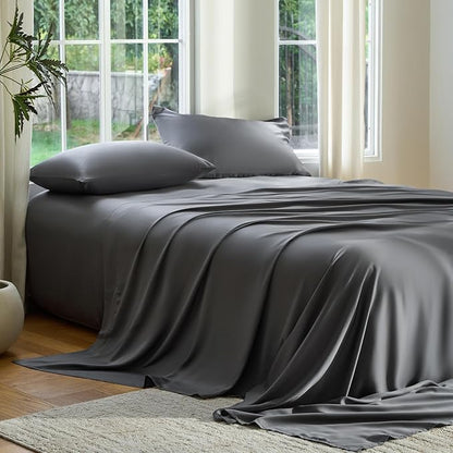 DOZ Sheet Set, 100% Viscose derived from Bamboo, Organically Grown, Buttery Soft, Cooling Sheets, High GSM, Deep Pockets - 4 Piece - 2 Pillowcases 1 Fitted 1 Top Sheet (Storm, Cal King)