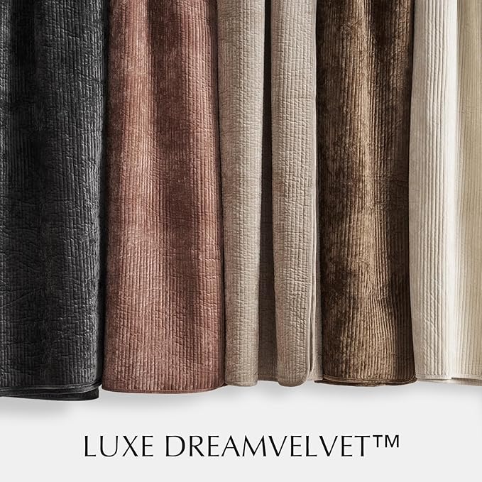 EVERGRACE Velvet Quilt Set Queen Size, Luxurious Soft Quilted Bedding Sets, Lightweight Velvet Comforter for All Season, Striped Channel Bedspread Coverlet with 2 Shams, Terracotta Clay