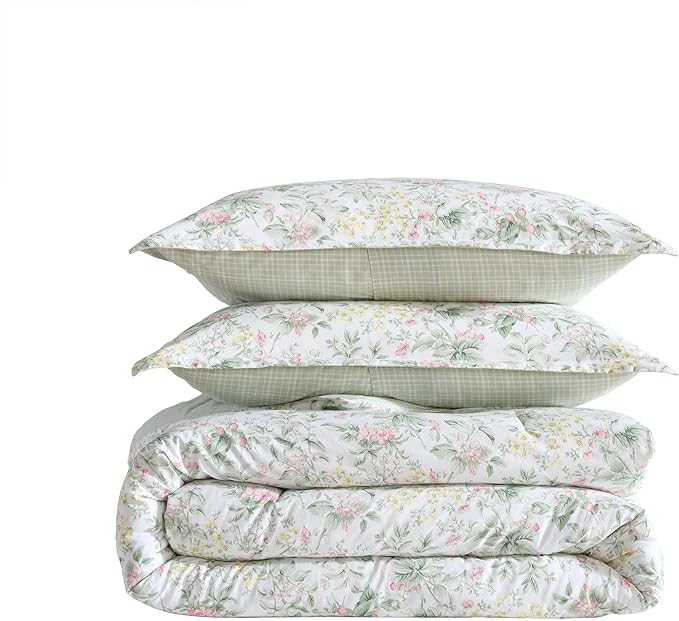 Laura Ashley - Full/Queen Comforter Set, Super Soft Cotton Bedding with Matching Sham, Botanical Design, Vintage Bed Essentials (Bramble Floral Pink, Full/Queen)