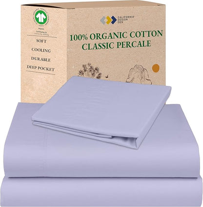 California Design Den Twin Size Bed Sheets Set - Soft 100% Organic Sheets with Deep Pockets, Crisp Percale, Breathable and Durable Organic Cotton Bedding Set - Lavender Mist