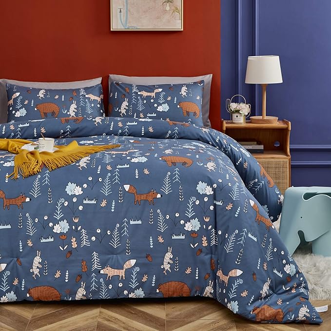 CLOTHKNOW Blue Animal Full Size Comforter Set Kids Bedding Comforter Sets Soft Cartoon Rustic Fox Rabbit Comforter with 2 x Pillow Cases