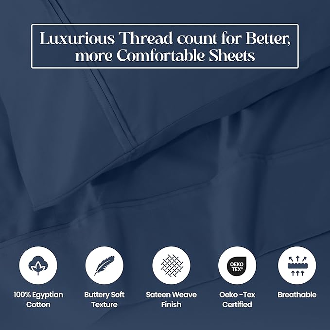 1200 Thread Count 100% Egyptian Cotton, Soft and Breathable, 2-Piece Standard Pillowcase Set Solid, Navy Blue