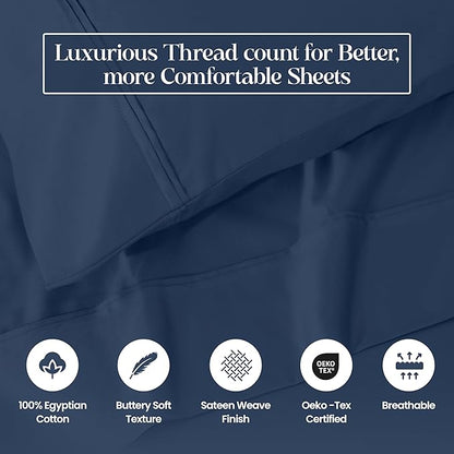 1200 Thread Count 100% Egyptian Cotton, Soft and Breathable, 2-Piece King Pillowcase Set Solid, Navy Blue