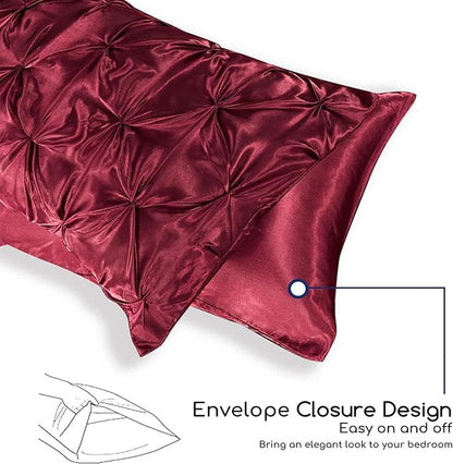 MR&HM Satin Comforter Set Oversized Queen, 7 Piece Bed in a Bag, Silky Soft All Season Bed Set, Luxury Pinch Pleat Bedding Set with Comforter, Sheets, Pillowcases & Shams, Burgundy