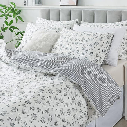FADFAY Floral Duvet Cover Set Queen Size 100% Cotton Grey White Flower Comforter Cover Soft Breathable Girls Bed Cover Farmhouse Bedding with Hidden Zipper 3 Pcs, Queen