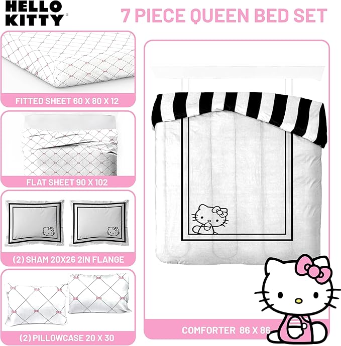 Jay Franco Comforter Set Includes Sheets and Pillow Covers - Soft and Cozy Bed Set for Stylish Room Decor, White - Hello Kity 7 Piece Queen Size Bedding