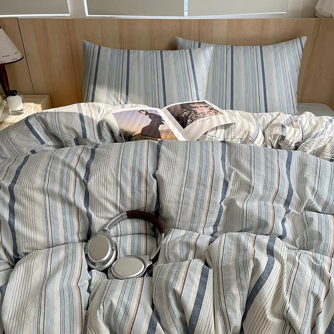 EAVD Modern Style Striped Duvet Cover Twin 100% Washed Cotton Colorful Wide and Pinstriped Bedding Duvet Cover Set with 2 Pillowcases Farmhouse Geometric Bedding Set with Zipper for All-Season
