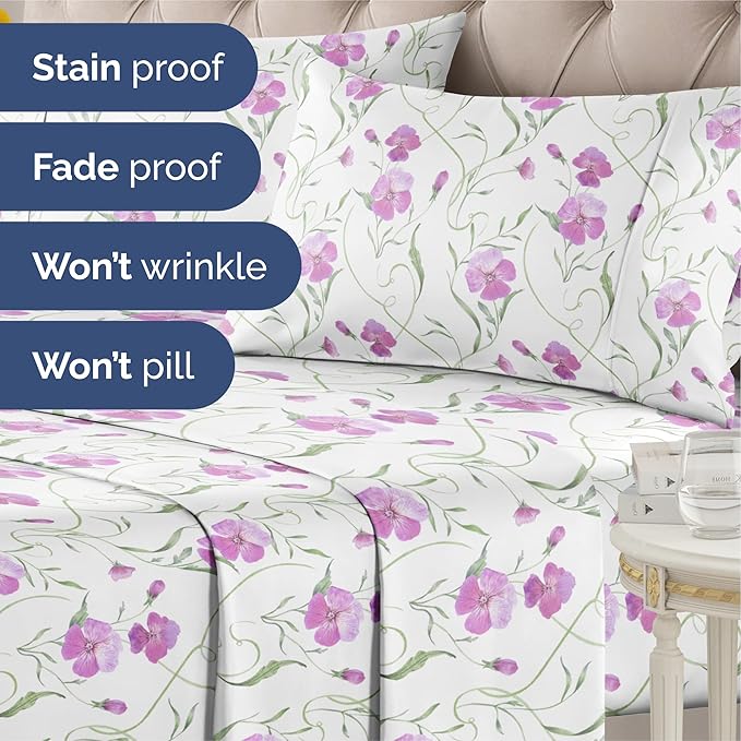 Floral Sheets - Pink Floral Bed Sheet Set - 1 Flat, 1 Fitted & 2 Pillowcases w/ Deep Pockets - Comfy, Wrinkle & Fade Free - Boho Botanical Bedding - Soft, Breathable and Cooling - Cal King Size Set