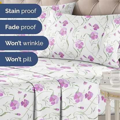 Floral Sheets - Pink Floral Bed Sheet Set - 1 Flat, 1 Fitted & 2 Pillowcases w/ Deep Pockets - Comfy, Wrinkle & Fade Free - Boho Botanical Bedding - Soft, Breathable and Cooling - Cal King Size Set