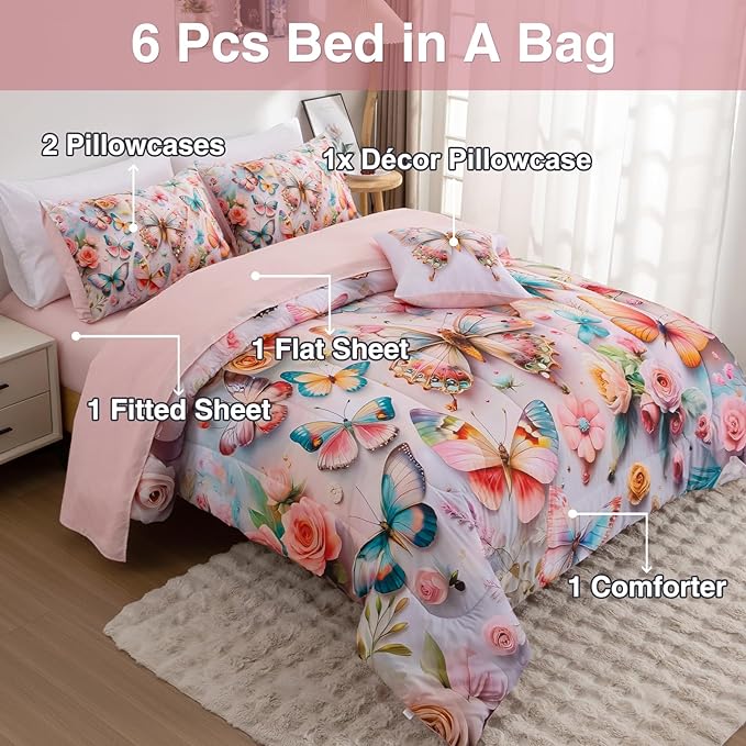 A Nice Night Full 6pcs Bed in A Bag Pink and Blue 3D Various Butterfly Printed, Butterflies Flying in Flower Design Bedding Full Comforter Set, for Girls Kids Teens