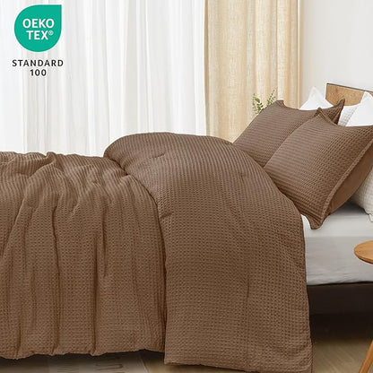 PHF Ultra Soft Waffle Weave Comforter Set Queen Size, 3 Pieces Lightweight Breathable Comfy Bedding Set, Comfy Textured 1 Comforter with 2 Pillow Shams, Mocha