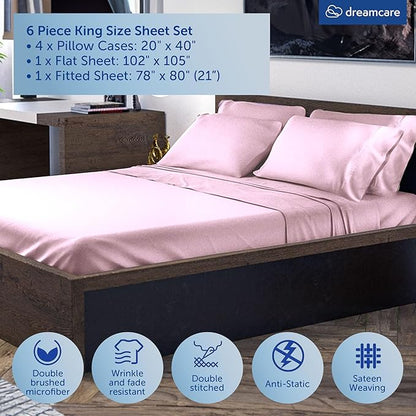 DREAMCARE King Size Sheets Set – 6 pcs Cooling Bed Sheets – up to 21” Deep Pocket King Sheet Set - 2500 Supreme Collection – Extra Soft 100% Brushed Microfiber Hotel Luxury with Side Pocket, Pink