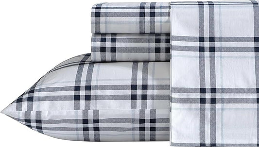 Nautica - King Bed Sheets, Lightweight Cotton Percale Bedding Set with Matching Pillowcases, Crisp & Cool, Oeko-Tex Certified (Ryan Cove Plaid Blue)