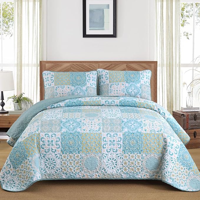 Dobuyly Patchwork Quilt Set Queen Size, Aqua Blue Boho Summer Bedspreads Coverlet Set, 3 Pieces Soft Lightweight Microfiber Quilt Bedding Set for All Seasons 96"x90"
