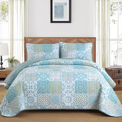 Dobuyly Patchwork Quilt Set Queen Size, Aqua Blue Boho Summer Bedspreads Coverlet Set, 3 Pieces Soft Lightweight Microfiber Quilt Bedding Set for All Seasons 96"x90"