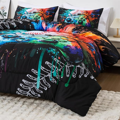 Aimuan Gamer Gaming Bedding Sets 3D Gamepad Comforter Sets for Boys Games Console Action Buttons Novelty Colorful Game Controller Modern Room Decor Home Quilt Set (Green, Twin)