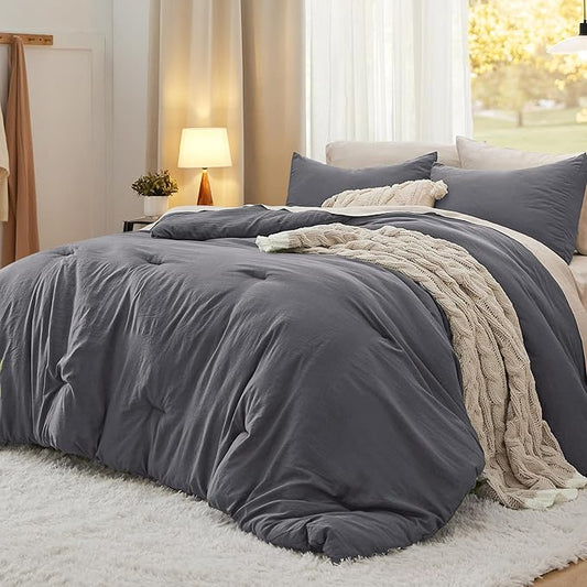 Bedsure Queen Comforter Set, Dark Grey Soft Prewashed Bedding for All Seasons, 3 Pieces GentleSoft™ Bed Set, 1 Lightweight Comforter (90"x90") and 2 Pillowcases (20"x26")