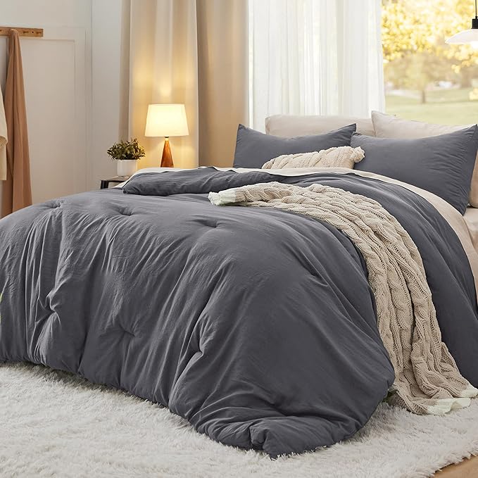 Bedsure King Comforter Set, Dark Grey Soft Prewashed Bedding for All Seasons, 3 Pieces GentleSoft™ Bed Set, 1 Lightweight Comforter (104"x90") and 2 Pillowcases (20"x36")