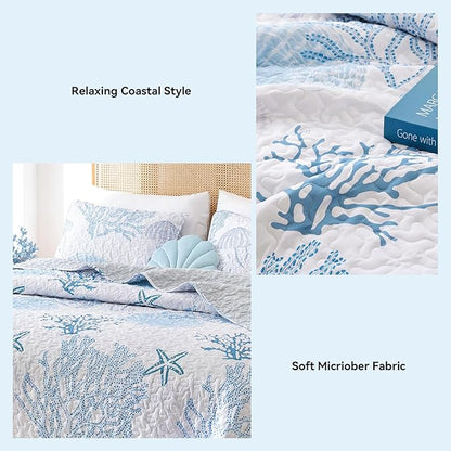 weigelia Coastal Quilts Bedding Set Queen Size - Blue Summer Nautical Bedding Quilt with Pillow Cases, Beach Reversible Quilt Set Bedspreads Coverlet Soft Lightweight Comforter