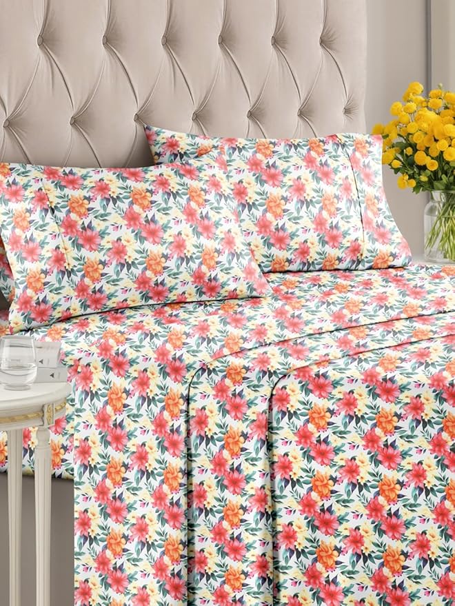 Floral Sheets - Flower Print Bed Sheet Set - 1 Flat, 1 Fitted & 2 Pillowcases w/ Deep Pockets - Comfy, Cozy, Wrinkle & Fade Free - Boho Botanical Bedding - Soft, Breathable & Cooling - King Size Set