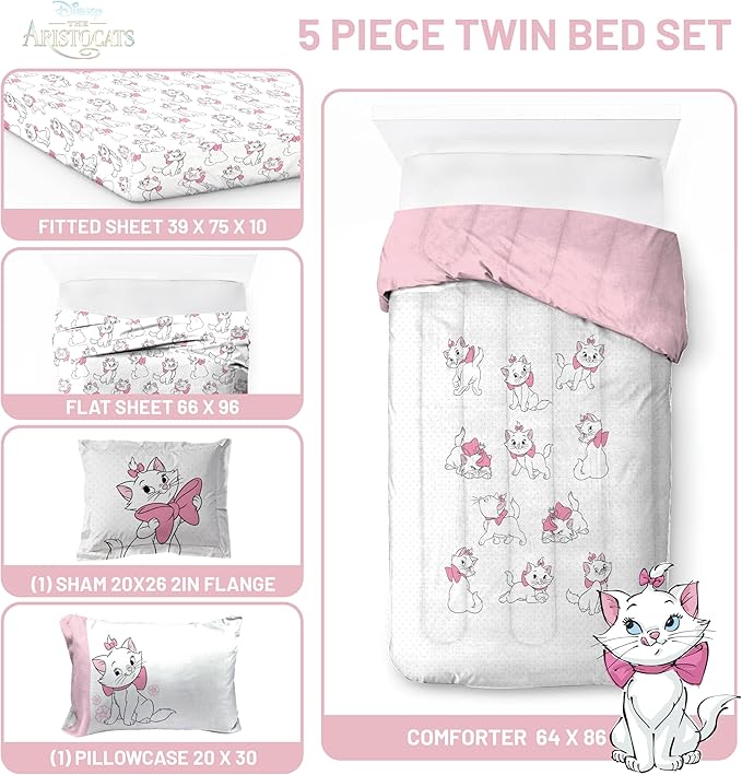 Jay Franco Kids Comforter Set Includes Sheets and Pillow Covers - Soft and Cozy Bed Set for Stylish Room Decor, White - Aristocats, 5 Piece Twin Size Bedding