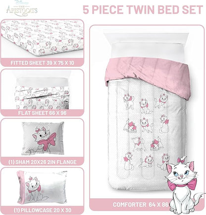 Jay Franco Kids Comforter Set Includes Sheets and Pillow Covers - Soft and Cozy Bed Set for Stylish Room Decor, White - Aristocats, 5 Piece Twin Size Bedding