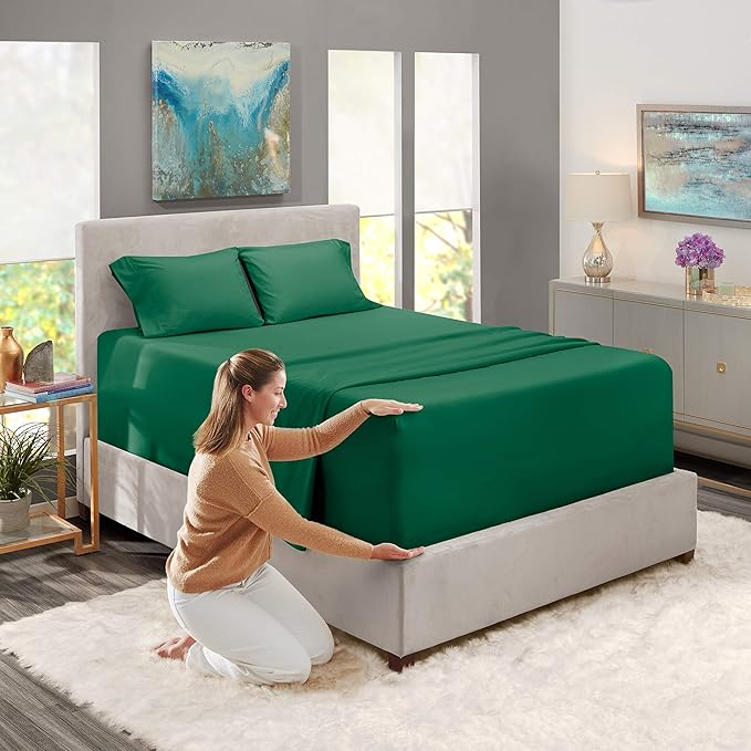 Nestl Full Size Sheet Set, 4 Piece Extra Deep Pocket (18-24 inches), Microfiber, Hotel Luxury, Soft, Breathable, Wrinkle-Free, Easy to Care, Dark Green