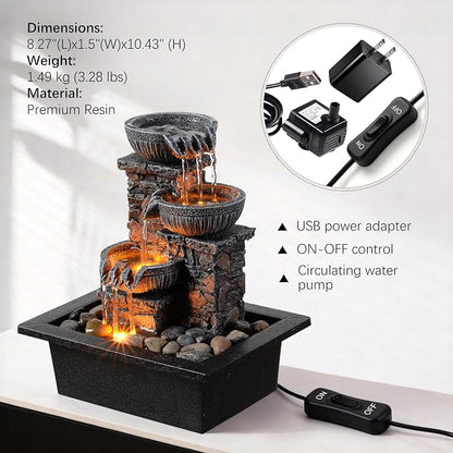 Kalona Tabletop Water Fountain, 3-Bowl Indoor Waterfall with LED Light | 9 cascading streams create soothing water sounds; rock-castle resin decor for meditation, relaxation, home, office or desk.