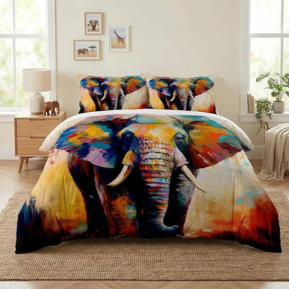 Full Size Comforter Set with 2 Pillowcases, Painting Colorful Elephant Soft 3 Pcs Bedding for Kids and Adults Bedroom Bed Decor