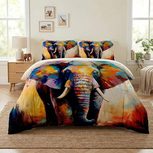 Twin Size Comforter Set with Pillowcase, Colorful Wild Animal Elephant Soft 2 Pcs Bedding for Kids and Adults Bedroom Bed Decor