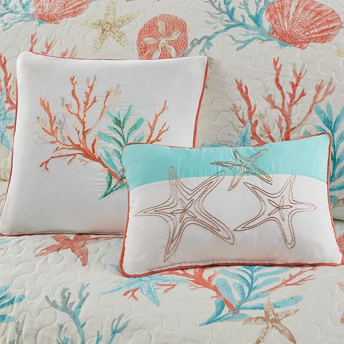 Madison Park Quilt Set Cottage Coastal Design, Starfish Print - All Season, Coverlet Bedspread Lightweight Bedding Layer, Shams, Toss Pillows, Full/Queen(90"x90"), Pebble Beach Coral 6 Piece