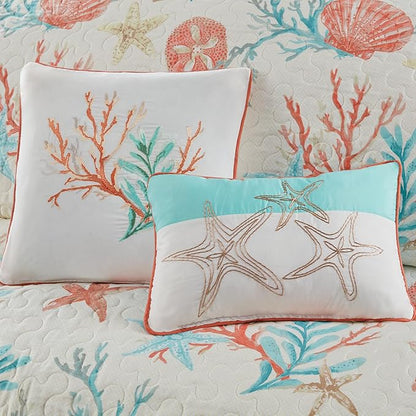Madison Park Quilt Set Cottage Coastal Design, Starfish Print - All Season, Coverlet Bedspread Lightweight Bedding Layer, Shams, Toss Pillows, King/Cal King(104"x94"), Pebble Beach Coral 6 Piece