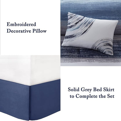 Madison Park Essentials Cal King Comforter Set, Bed in a Bag, Watercolor Print Coastal Comforter & Chambray Cotton Sheet Set, All Season Bedding, Saben, Navy Cal King (104 in x 92 in) 9Piece