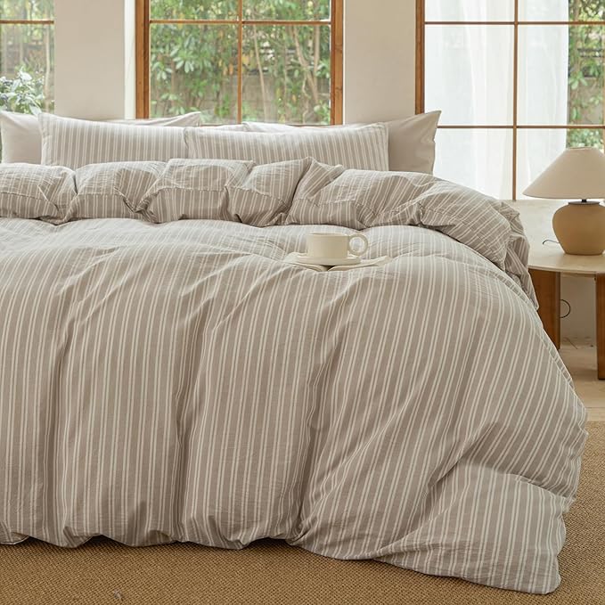 Striped Duvet Cover Set,100% Washed Cotton Linen Like Comforter Cover,Breathable,Durable,Comfy(Strip-Tannish Linen Grey/White,Twin)