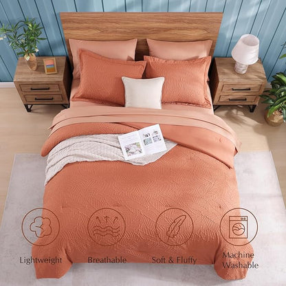 Geniospin Full Size Comforter Set - 7 Pieces Burnt Orange Bedding Set, Botanical Textured Comforter Set, All Season Lightweight Bed in a Bag with Comforter, Sheets, Pillowcases & Shams