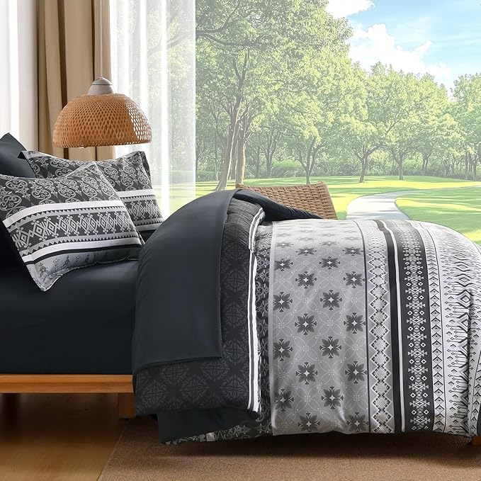Boho Comforter Set Queen Size,7 Pieces Bohemian Comforter Bedding Set Bed in a Bag,Dark Grey Paisley Floral Comfortet and Sheet Set,Soft Gray Striped Bedding Sets for All Season