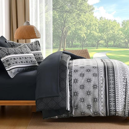 Boho Comforter Set Queen Size,7 Pieces Bohemian Comforter Bedding Set Bed in a Bag,Dark Grey Paisley Floral Comfortet and Sheet Set,Soft Gray Striped Bedding Sets for All Season