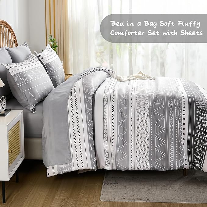 WONGS BEDDING Queen Comforter Set 7 Pieces, Boho Grey White Geometric Striped Comforter for Queen Bed in a Bag, Soft Microfiber Bedding Set with Pillowcases, Flat Sheet, Fitted Sheet, Pillow Shams