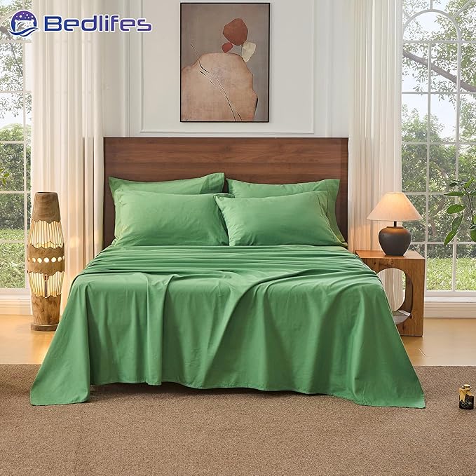 Bedlifes 100% French Pure Linen Sheets King Size Breathable and Cooling Flax Sheet Set Soft Durable and Moisture Wicking 16 Inch Deep Pocket-4 Piece(King,Sage Green)