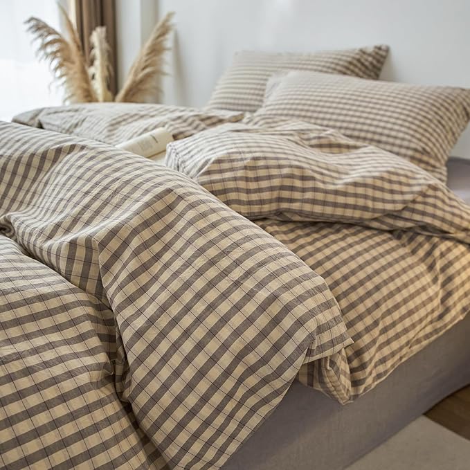 EAVD Vintage Style Grey Plaid Duvet Cover King Soft 100% Washed Cotton Chic Grey Checkered Gingham Bedding Set with 2 Pillowcases Farmhouse Gingham Duvet Cover with Zipper Closure